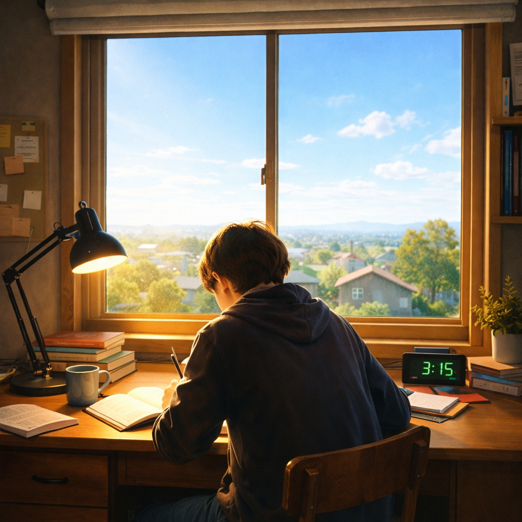 Person writing in a notebook at a desk by a window showing early morning sky