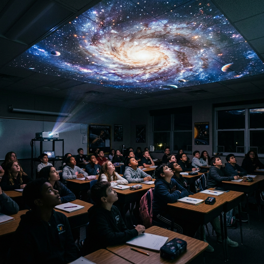 Classroom of students looking up at galaxy image projected on ceiling