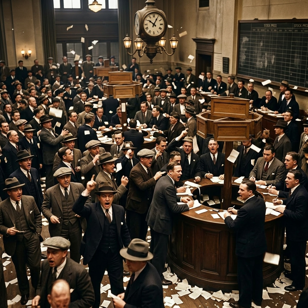 Crowded stock exchange trading floor with men trading shares labeled U.S. Steel, RCA, A.T.&T.