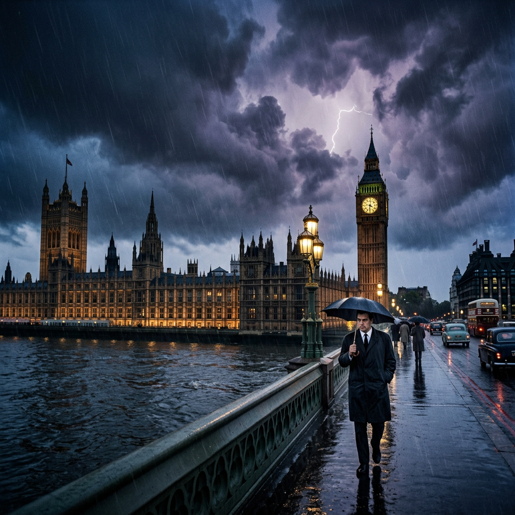 Man walking with umbrella on wet Westminster Bridge near Big Ben during rain and lightning