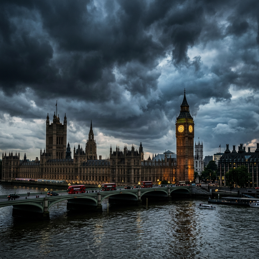 Palace of Westminster at dusk, storm clouds