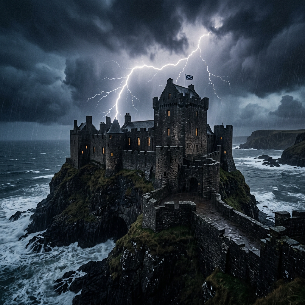 Historic castle on rocky coast at night with lightning and stormy sky