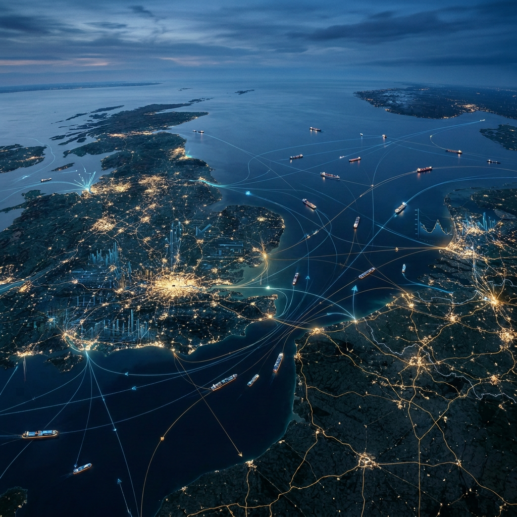 Night map of English Channel shipping routes linking England and France