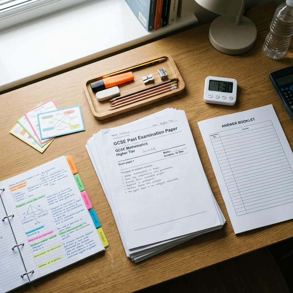 Desk with GCSE Mathematics Higher Tier exam paper, answer booklet, notes, and stationery